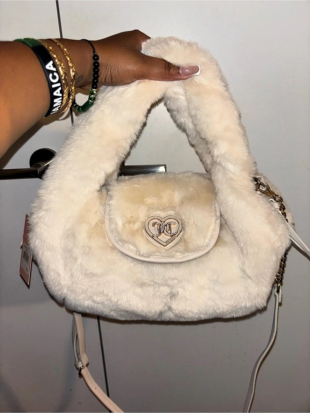 New juicy fab shoulder Juicy Couture Faux Fur Heart Logo Shoulder Bag in Cream
